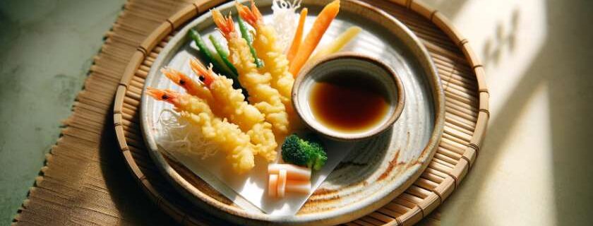 exquisite tempura plating on a minimalist ceramic dish and best tempura in kyoto