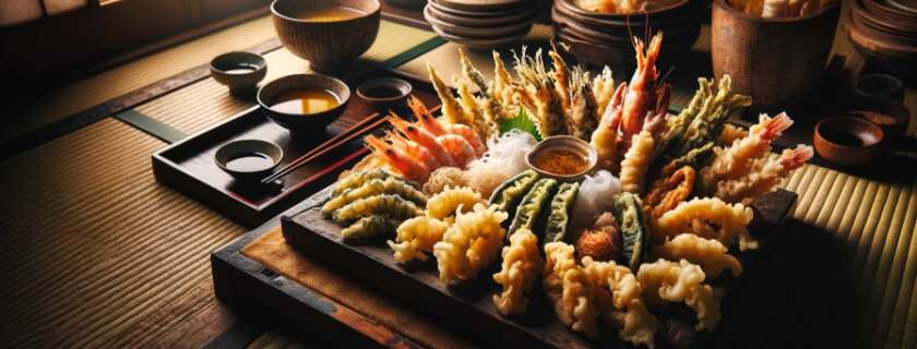 tempura plating on an ancient Japanese wooden table surrounded by traditional tatami mats and best tempura in kyoto
