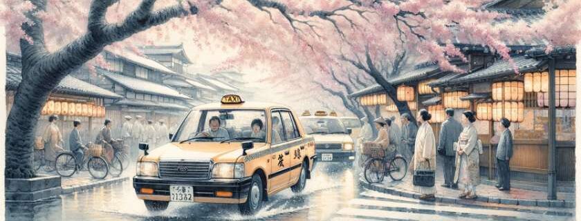 A watercolor depiction of a Kyoto taxi passing under cherry blossom trees in full bloom