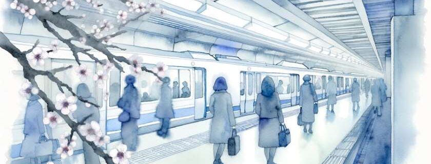 A watercolor painting capturing the tranquility of a Kyoto subway station