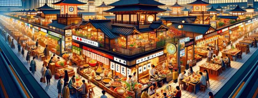 A digital illustration showcasing the vibrant and diverse culinary scene at Kyoto Station