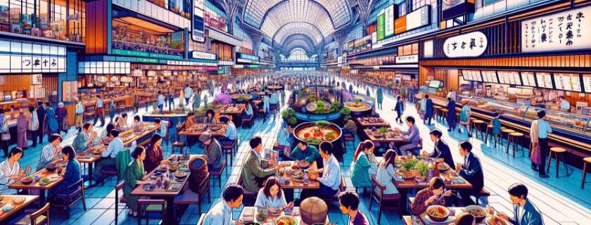 A vibrant digital illustration of the interior of Kyoto Station, focusing on its diverse array of restaurants