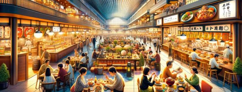 A lively digital illustration of the interior of Kyoto Station, focusing on the bustling restaurants and food courts
