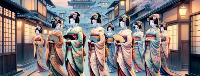 A serene illustration of geishas in Kyoto