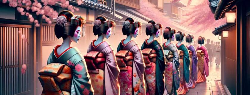 A digital illustration showcasing multiple geishas in Kyoto, walking gracefully along a traditional street lined with cherry blossoms
