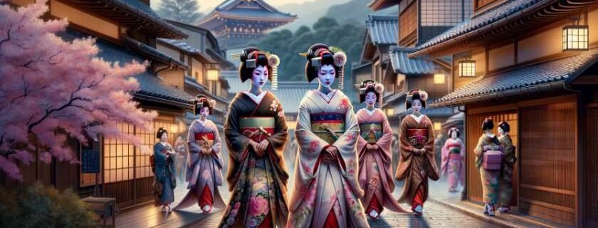 A digital painting depicting a group of geishas in Kyoto