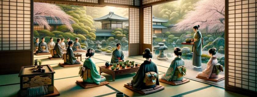 A serene digital illustration of a traditional tea ceremony taking place in a beautiful Kyoto garden