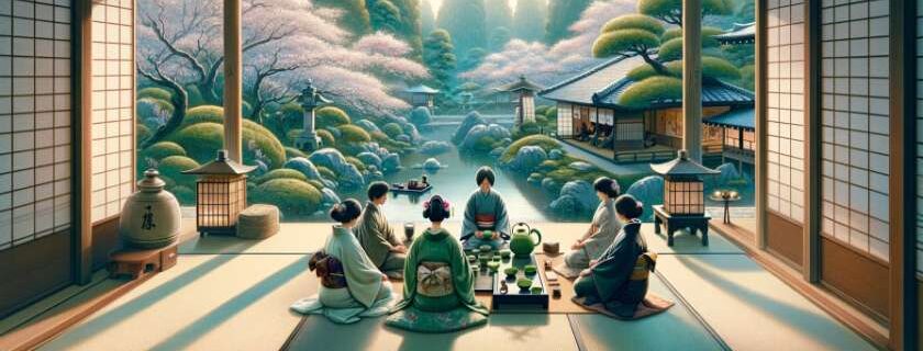 A digital illustration of a traditional Japanese tea ceremony taking place in a serene Kyoto garden