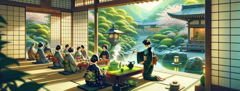 A digital illustration of a traditional tea ceremony in Kyoto, set within a tranquil Japanese garden