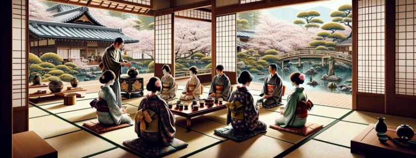 A serene digital illustration depicting a traditional Japanese tea ceremony in Kyoto