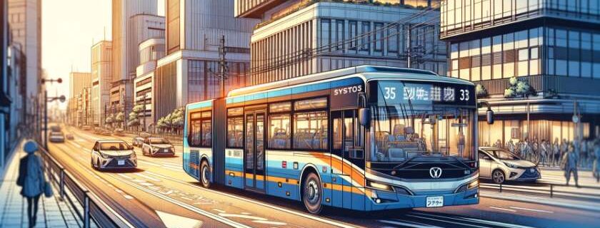 A digital drawing of a Kyoto bus navigating through a bustling city street