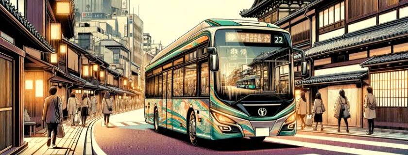 A digital drawing of a Kyoto bus navigating through a bustling city street, showcasing the modern and vibrant atmosphere of the city