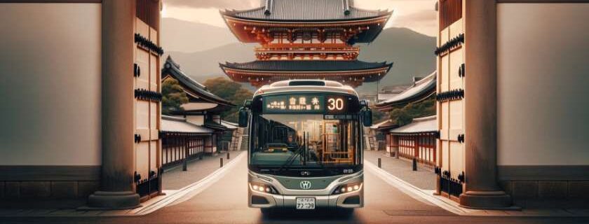 A photograph of a Kyoto bus on a serene temple gate backdrop