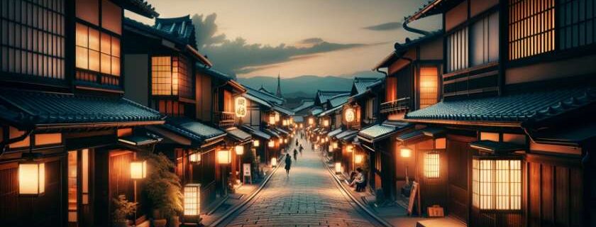 A serene evening scene of a street in Kyoto