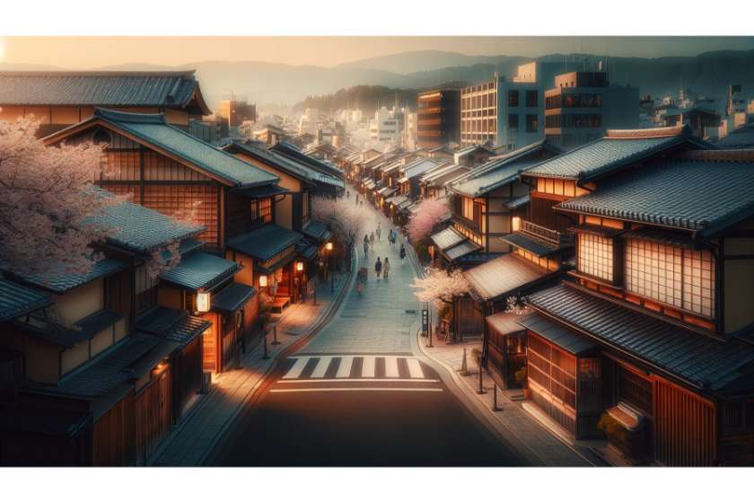 A serene view of the streets in Kyoto, capturing the unique blend of traditional and modern architecture