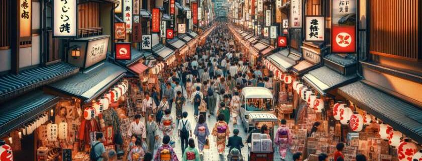 A bustling shopping street in Kyoto