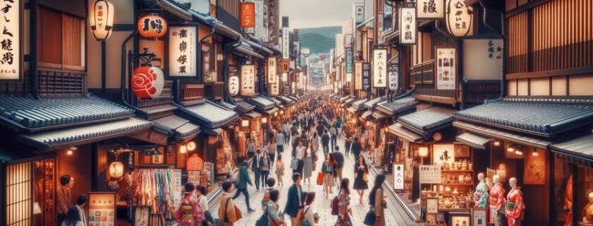 A photograph capturing the dynamic atmosphere of a shopping street in Kyoto