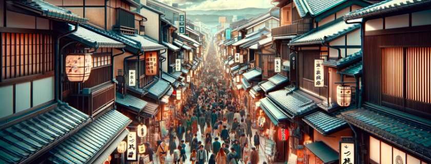 A photograph capturing the dynamic atmosphere of shopping streets in Kyoto, with a realistic depiction of the hustle and bustle of daily life