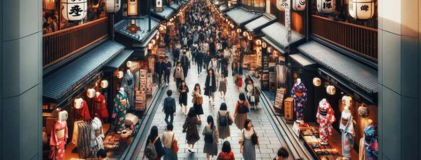 A photograph capturing the vibrant atmosphere of shopping streets in Kyoto