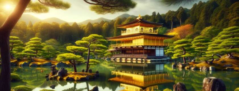 Kinkaku-ji's Golden Pavilion Garden, capturing the iconic golden pavilion set amidst meticulously landscaped gardens