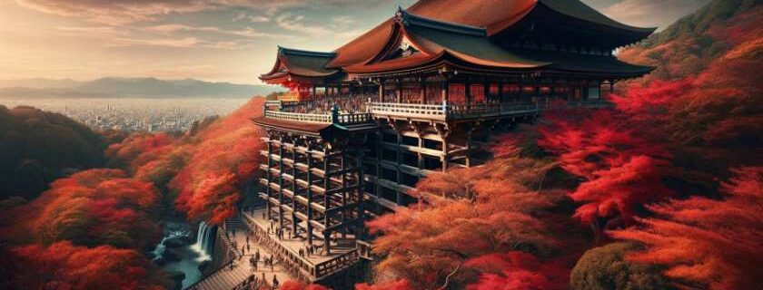 Kiyomizu-dera Temple, capturing its iconic wooden structure and the surrounding autumnal beauty