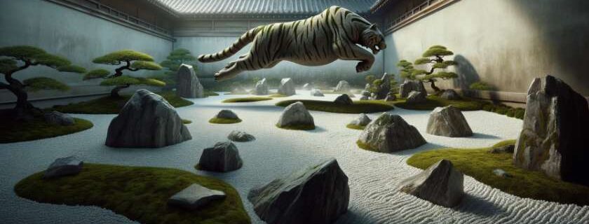 Nanzen-ji's Leaping Tiger Garden, capturing the serene and meditative essence of this Zen rock garden