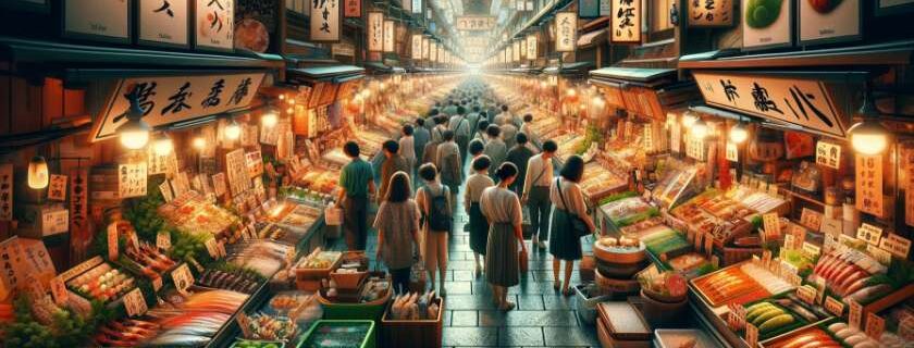 Nishiki Market, known as Kyoto's Kitchen, capturing the vibrant and lively atmosphere of this culinary hotspot