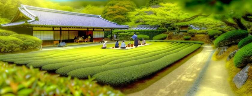 a serene tea garden and a traditional tea house where visitors enjoy a matcha tea ceremony