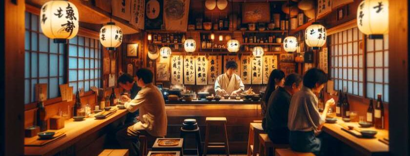 a traditional Japanese Izakaya with a cozy and warm atmosphere