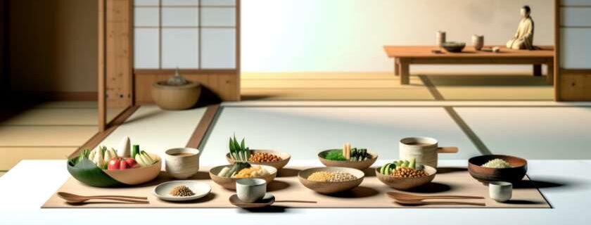a tranquil and mindful dining setting featuring Shojin Ryori the traditional Japanese Buddhist vegetarian cuisine