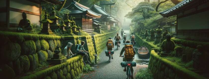 a unique bike exploration journey in Kyoto, showcasing adventurers discovering the city's hidden gems and secret paths