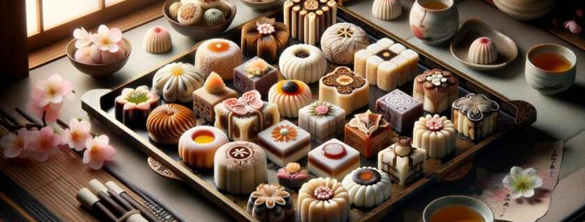 a variety of traditional Kyoto wagashi and each piece is intricately designed embodying the cultural heritage and culinary artistry of Kyoto set in a serene tea ceremony setting