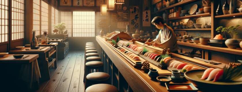 an authentic Edomae sushi restaurant emphasizing the skilled preparation of Edomae sushi and a variety of seafood dishes