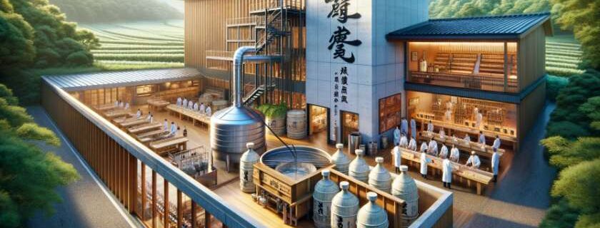 an award-winning sake brewery, highlighting its modern facility where traditional brewing methods meet cutting-edge technology