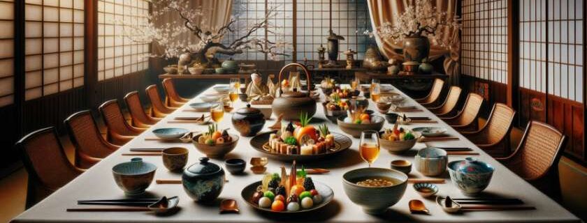 an elegant and traditional Japanese dining setting highlighting the beautifully arranged Kyo-Kaiseki meal as one of the famous foods in Kyoto with its artful presentation