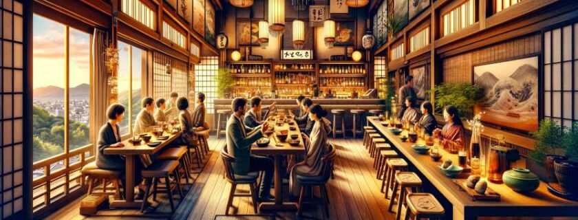 an enchanting scene inside one of the best izakayas in Kyoto where traditional Japanese elements blend with modern sophistication
