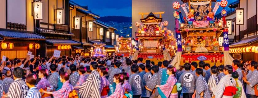 one of the best Kyoto festivals showing the festive atmosphere, traditional attire, and the community spirit that honor the Yasaka Shrine