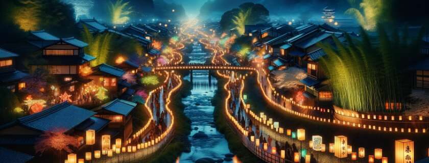the Hanatouro festival, capturing the enchanting atmosphere of this illumination event in the picturesque Arashiyama district of Kyoto