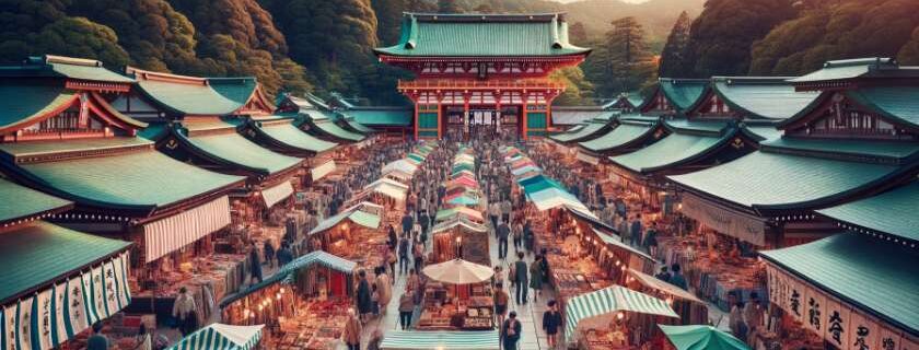 the Kitano Tenmangu Shrine Market, capturing the vibrant atmosphere and the rich array of goods on offer