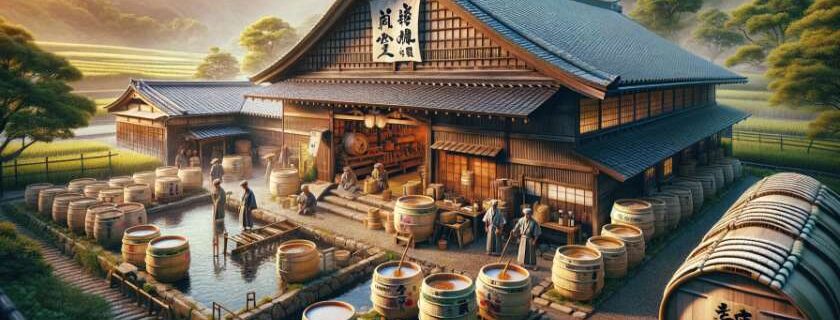 the essence of a place renowned for its sake brewery, highlighting the traditional Japanese architecture and the meticulous process of sake production