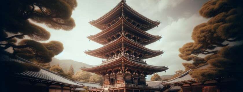 the majestic five-story wooden pagoda of To-ji Temple, highlighting its grandeur and the serene ambiance of the temple grounds and as one of the Kyoto UNESCO World Heritage Sites