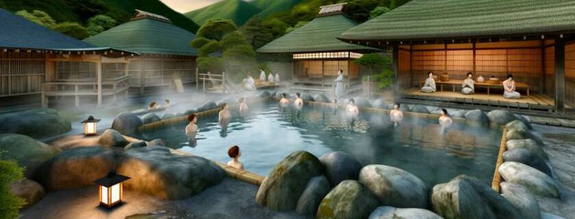 the quintessential Japanese experience of relaxation and connection with nature, featuring steaming waters, wooden structures, and guests enjoying the healing properties of the onsen